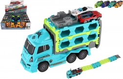 Plastik-LKW Autotransporter mit Schwungrad 22 cm + 2 Sportwagen