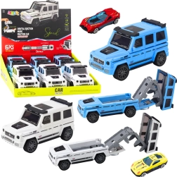 Geländewagen mit verstecktem Miniauto und Abschussrampe, Licht und Sound – Weiß/Blau