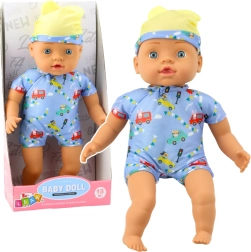 Puppe Baby im blauen Outfit mit Mütze