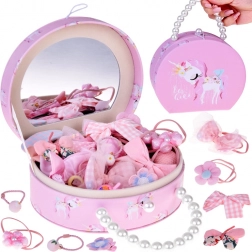 Niedliche Schmuckschatulle aus Eko-Leder mit Spiegel und Haarschmuck-Set