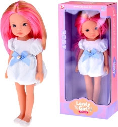 Puppe mit langen rosablonden Haaren im weißen Kleid mit blauer Schleife 33 cm