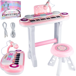 Elektronisches Kinderpiano mit Mikrofon und Hocker, rosa, MP3/USB