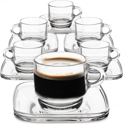 Gläserne Espresso-Tassen mit quadratischen Untertassen 75 ml, Set mit 6 Stück