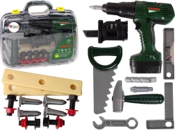 Werkzeugset für Kinder mit Koffer und grünem batteriebetriebenen Bohrer