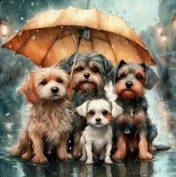 Diamantmosaik - Hundefamilie unter dem Regenschirm