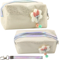 Kosmetiktasche mit Schleife und Glitzer beige