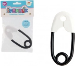 Plastikbabyrassel in Sicherheitsnadel-Form, weiß-schwarz