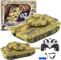 RC-Panzer T-90 1:18 mit drehbarem Turm, Lichtern und Sounds – Sandtarnung