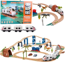Interaktive elektrische Eisenbahn mit Tunnel, Bahnhof und Dinosauriern 95 × 85 cm