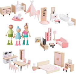 Holzmöbel-Set für Puppenhaus mit Familie 5-in-1