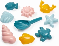 Set aus Sandförmchen mit Meeresmotiven und Schaufel in Muschelform