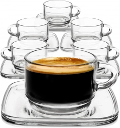 Gläserne Tassen mit quadratischen Untertassen 250 ml, Set 6 Stück