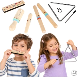 Holz-Musikinstrumente für Kinder – Set (Triangel, Rhythmusstäbe, Mundharmonika, Guiro)