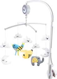 Aufziehbares Mobile über dem Kinderbett mit Plüschfiguren