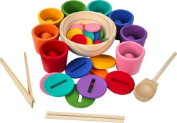 Regenbogen-Kugeln, Münzen und Becher – Montessori-Holzset in 8 Farben
