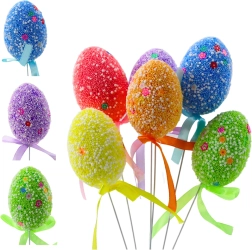 Bunte Ostereier am Draht mit weißen Mustern und Schleife 6 Stk