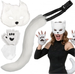 Katzen-, Fuchs- oder Wolfskostüm RUHHY – weißes 4-in-1-Set mit Maske, Schwanz und Pfoten