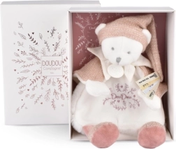 Doudou Geschenkset – plüschiges Schmusetuch Bärchen mit rosa Mützchen 25 cm