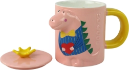 Keramikbecher mit Deckel und Löffel, Dinosauriermotiv, rosa, 400 ml