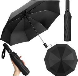Automatischer faltbarer Regenschirm mit 12 Streben, schwarz, mit Hülle 105 cm