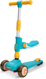 Kinderroller mit Sitz, blau‑gelb, leuchtende Räder