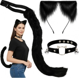 RUHHY Katzen-/Fuchs-/Wolfs-Accessoire-Set – schwarzes 3-teiliges Kostüm mit Schwanz, Ohren und Choker