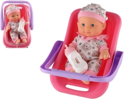Babypuppe im Tragekorb mit Fläschchen 22 cm
