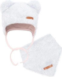 Winter-Babyset Mütze und Halstuch New Baby Teddy bear grau-rosa