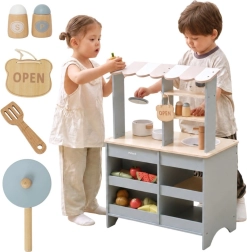 VIGA PolarB Holzspielküche und Kaufladen 2 in 1 mit Zubehör