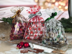 Zellophanbeutel 20 × 32 cm mit Schneeflockenmotiv, transparent