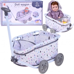 Textilwagen zum Ziehen für Puppen und Kuscheltiere mit Tasche und langem Griff