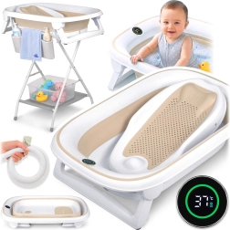 Nukido faltbare Babybadewanne mit Ständer, Thermometer und Neugeboreneneinsatz – Weiß-Beige