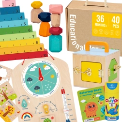 Tooky Toy Montessori Lernbox 6-in-1: Schlosskasten, Balanciersteine, Wettertafel, Zählen 1–10, Ausmalbilder und Büchlein