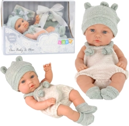 Stoffpuppe Baby 18 cm in grauem Outfit mit Mützchen und Lätzchen