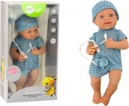 Puppe Baby im blauen Outfit mit Mütze und Schnuller
