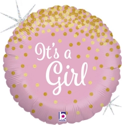 Grabo Folienballon „Es ist ein Mädchen!“ rosa, 46 cm, mit goldenen Konfetti - 1 Stück