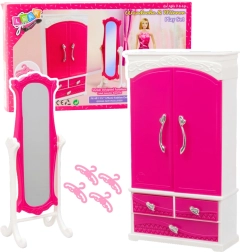 Rosa Möbelset für Puppen – Kleiderschrank mit Kleiderbügeln und Standspiegel (für 29‑cm-Puppen)