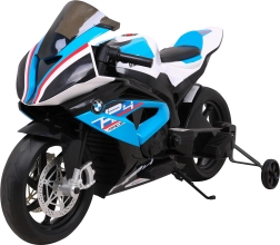 Elektrisches Kindermotorrad BMW HP4 blau mit Stützrädern, EVA-Rädern und MP3