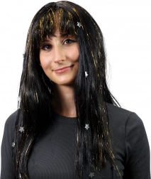 Perücke mit schwarzen Haaren dekoriert mit goldenen Streifen und Sternen