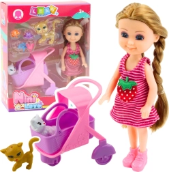 Mini-Puppe mit Kinderwagen und Kätzchen