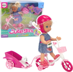 Set Mini-Puppe mit Fahrrad, Anhänger und weißem Hündchen