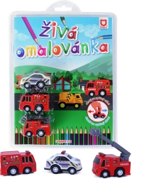 Lebendiges Ausmalbuch Rettungskräfte – Set mit 3 Mini-Rettungsfahrzeugen mit Rückziehantrieb