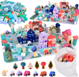Pastellfarbener Holzset Stadt mit Puzzle-Spielmatte
