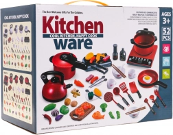 Rotes Topfset mit Küche und Zubehör