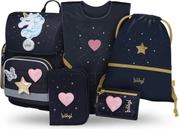 Baagl Schulset 5-tlg. Ergo Unicorn Gold – Schulranzen, Federmäppchen, Beutel, Schürze und Geldbörse