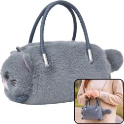 Plüsch-Handtasche in Katzenform, grau mit Griffen und Kette