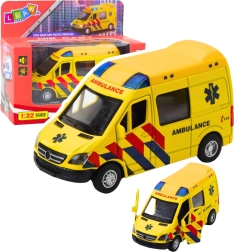 Metall-Krankenwagen 1:32 mit Pull-Back-Antrieb, Licht und Sound – gelb
