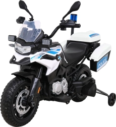 Elektrisches Kinder-Polizeimotorrad BMW F 850 GS mit Stützrädern und Koffern