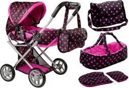 Puppenwagen Alice mit Tragekorb und Tasche schwarz-pink