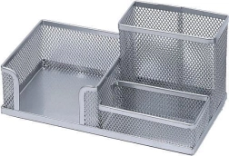 Metall-Schreibtisch-Organizer mit Stiftehalter und Notizzettelwürfel, silber